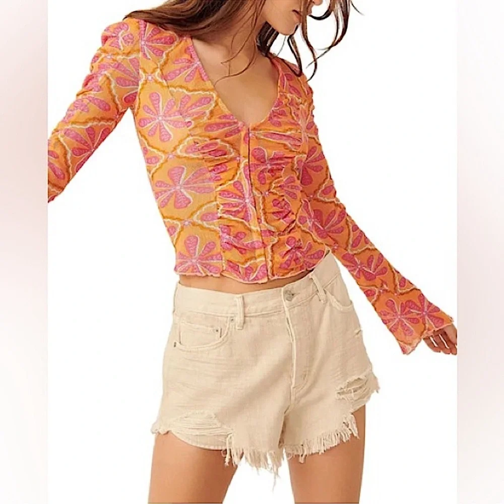 Free People NEW Through the Meadow Mesh Ruched Sleeve Top Size Small Orange/Pink